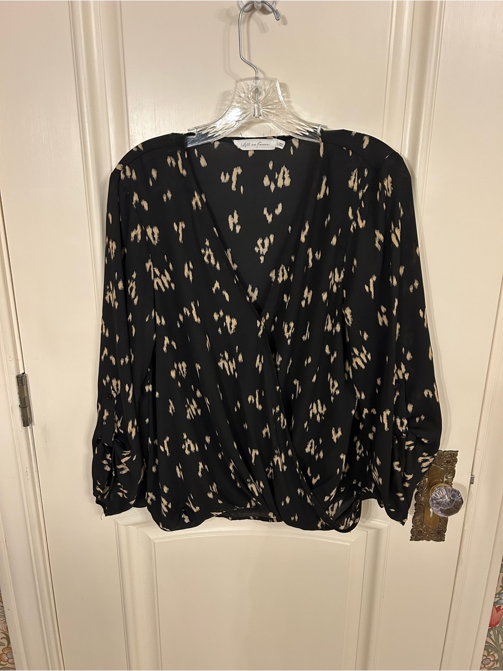 All in Favor Black and Cream Printed Faux Wrap Blouse